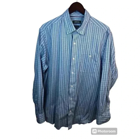 Orvis Mens Large Classic Fit Blue Check Print Button Up Shirt L/S Pockets - Picture 1 of 7